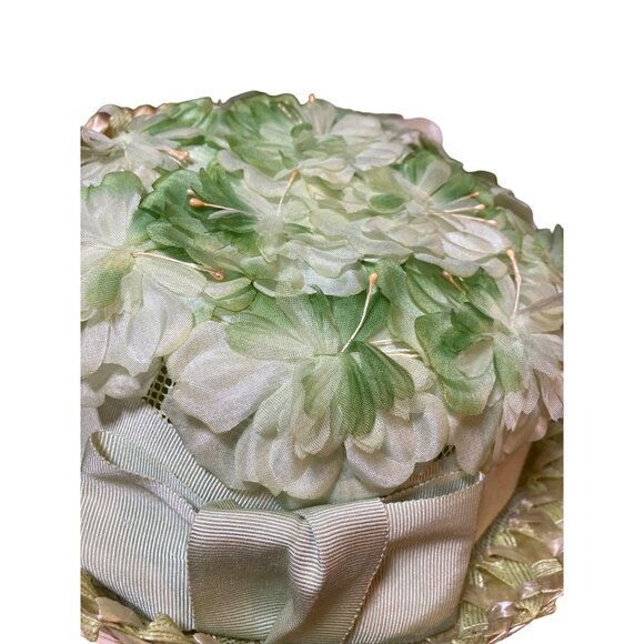 Ladies Green Floral Vintage Breton Style Hat Wide Ribbon Accent Union Made - Picture 4 of 14
